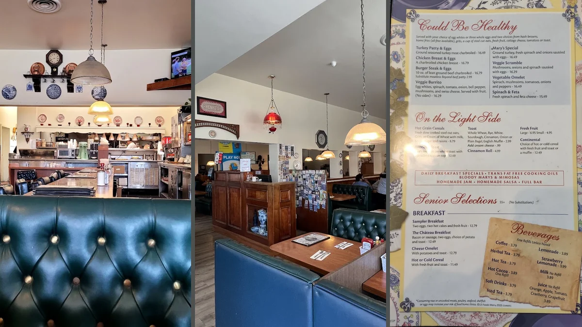 Family-friendly tables inside an American restaurant.