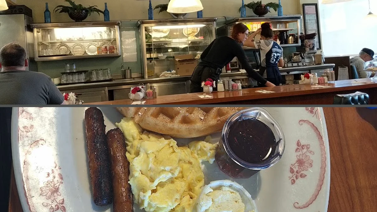 Family-friendly tables inside an American restaurant.