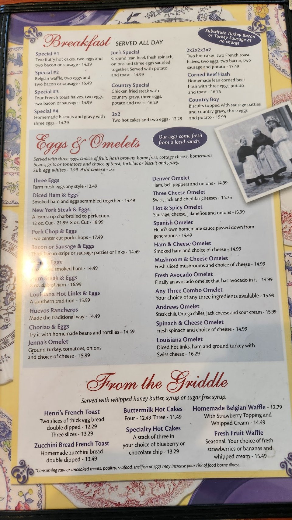 Menu page with breakfast and dinner sections.